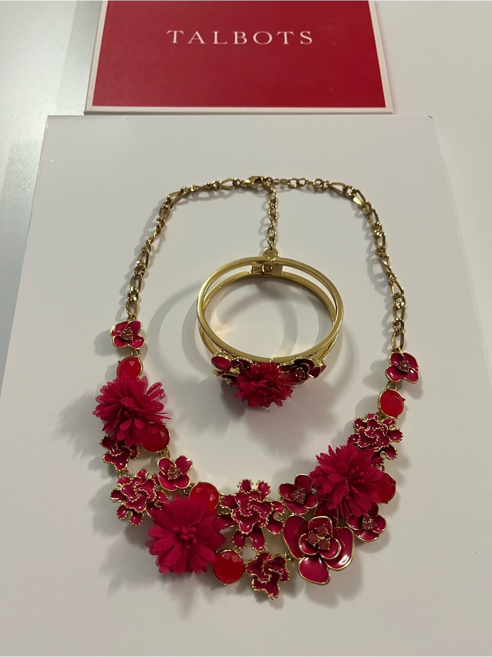 Talbots Hot Pink Floral Bib Necklace with Matching Earrings & Gold Bracelet - Picture 12 of 14
